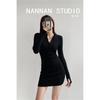 Vestido Preto Sexy Slim Fit Skinny Primavera e Outono Retrô Francês Gola Média Zíper Saia Quadril Vestido Inverno Feminino