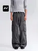 Calça Jeans Workwear Denim Preta Retro Americana Feng Mei para Homens e Mulheres Solta Desconstruída Multibolsos Casual Reta de Perna Larga