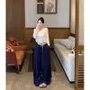 Toma real, precio real: Ropa de comercio exterior para mujer - Camiseta blanca holgada de manga media, pantalones casuales azul marino de cintura media con cordón, pantalones deportivos de pierna recta