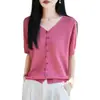 Estilo Ligero y Elegante, Suéter de Punto Transpirable de Lino Hielo con Cuello en V y Manga Corta para Mujer, Cárdigan Suelto de Verano con Botones, Top Cómodo, Camiseta de Moda