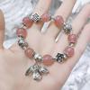 Estilo Étnico Plata de Imitación Cuentas de Fresa Gato de la Suerte Pulsera Flor de Loto Auspiciosa Pulsera de Plata de Imitación para Mujer Joyería de Zona Turística