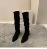 Botas de tacón alto de gamuza estilo western de longitud media para mujer 2024 nuevo otoño e invierno de terciopelo con punta fina botas largas de jinete