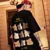 Camiseta Hip-Hop Urso Solta Manga Curta 2026 Tendência Europeia e Americana Tamanho Grande Masculino Estilo Hong Kong Tamanho Grande Gola Redonda Manga Meia