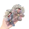 Diadema de flor de malla con pedrería impresa azul-morada para la parte posterior de la cabeza alta elasticidad duradera accesorio para el cabello para atar el cabello coleta alta estilo nuevo