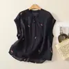 Blusas de Algodón y Lino Estilo Nacional para Mujer, Camisas Retro de Verano Finas con Cuello Mao Abotonadas, Nuevas Camisas de Algodón y Lino Bordadas Holgadas Estilo Chino