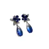 Aretes de aguja plateada con diamantes, diseño de flor ovalada de resina y gota de agua, estilo retro vintage, aretes versátiles