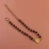 Pulsera de Trébol de Cuatro Hojas Galvanizado Moda Pulsera de Pareja Pulsera con Cuentas de Vidrio Negro Multifacético Colgante de Corazón