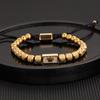 Pulseira de Corda Tecida Ajustável Hip Hop Masculina Coroa de Cobre Retrô Europeia e Americana Contas de Abacaxi de Aço Titânio Galvanizado a Vácuo