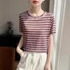 Camiseta de Punto de Manga Corta con Cuello Redondo, Hilo Fino, Estilo Nuevo de Verano para Mujer, Top Básico de Rayas Retro Bloque de Color, Delgado y Holgado