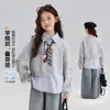 Roupas de outono infantis para meninas, novos tops infantis de outono 2026, moletom infantil estilo universitário estampado falso de duas peças para crianças maiores