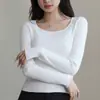 Camiseta interior de punto acanalado de alta elasticidad engrosada QC para mujer, suéter interior cálido con forro polar para otoño e invierno, manga larga, corte ajustado
