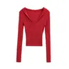 Ropa de punto Sexy Sexy Americana con Capucha y Escote en V Profundo, Cintura Alta, Otoño Nuevo, Ajustada, Corta, Básica
