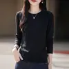 Camada base de malha de lã com gola redonda feminina, simples, de manga longa, elegante, casual, versátil, novo estilo outono/inverno, top pulôver de caimento solto
