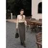 Falda midi de lana estilo minimalista con cinturón, color café, transmisión en vivo de producto nuevo, dropshipping transfronterizo