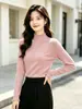 Camiseta base de punto de dos piezas con núcleo de lana hilada, estilo dulce, cuello alto simple con volantes, suéter grueso nuevo de otoño e invierno para mujer