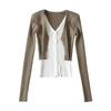 Suéter feminino de cor contrastante com costura, estilo duas peças falsas, novo, europeu e americano, para mulheres, desejo puro de afinar, afina, cardigã, top, ins