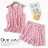[Dropshipping/Venta al por mayor] Conjunto de pijama de verano para mujer con top de punto de algodón, estampado de dibujos animados, ropa de casa, talla grande