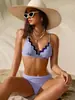 Bikini de baño a cuadros azul y blanco retro europeo y americano para 2026 con bordes ondulados, copas triangulares, cintura alta, traje de baño con efecto adelgazante