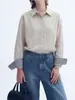 Nueva Camisa Casual Elegante para Mujer Otoño 2026, Cuello Camisero Puntiagudo Estilo Francés, Rayas, Corte Holgado, Top de Lino Adelgazante