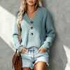 Suéter de tricô com botões e gola V estilo europeu e americano, suéter casual de cor sólida com mangas compridas soltas para mulheres, novo top casual de outono e inverno