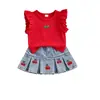 Ins verão transfronteiriço novo conjunto de colete com babados bordado de cereja para meninas + shorts jeans plissados atacado