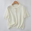 20% Lino Verano Nuevo Estilo Cuello Polo Intelectual Rejuvenecedor Camiseta de Punto Simple para Mujer Aspecto Adelgazante Cintura Alta