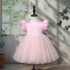 Vestido liso para niña con mangas abullonadas, Vestido de princesa Tutú con mangas abullonadas, Vestido para niña de un año con lazo
