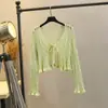 Cardigan de Seda de Gelo com Proteção Solar para Mulheres, Xale de Verão para Usar com Vestido de Alcinha, Jaqueta Curta com Amarração, Top Fino Amarelo de Tricô