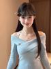 Top de Punto Azul de un Hombro con Cuello Halter para Mujer, Otoño Nicho Cruzado Ajustado Corto, Estilo Commuter