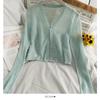 2023 Top Exterior de Punto de Manga Larga con Cuello en V y Borde Ondulado Ligeramente Transparente para Mujer, Camisa Corta de Verano para Protección Solar con Falda, Dulce
