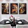 Pintura en lienzo con diseño de gato bebiendo, animal creativo de dibujos animados, póster mural, arte de pared para dormitorio, sala de estar, pintura decorativa moderna