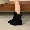 Botines apilados plisados de ante con cremallera trasera estilo coreano que aumentan la altura, con un ambiente relajado, puntera cuadrada retro y tacón de herradura