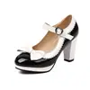 Sapatos Femininos de Comércio Exterior Couro Patente Cor Doce Salto Grosso Salto Alto Tira com Fivela Sapatos Femininos Laço Doce Princesa Sapatos Femininos