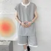 Conjunto Esportivo de Camiseta sem Mangas Falso Duas Peças para Homens, Conjunto de Duas Peças Tendência de Verão Estilo Americano com Colete Waffle e Shorts