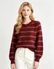 Suéter de punto a rayas con bloques de color estilo europeo y americano para mujer, cuello redondo, patrón jacquard, corte holgado, efecto adelgazante, elegante jersey de manga larga