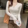 Camiseta Cinza de Manga Longa com Decote V Slim Fit para Primavera e Outono para Mulheres 2026, Top Base Modelador Afina a Cintura para Meninas Fashion
