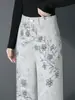 3121 Primavera Outono Jeans de Sarja Calças Jacquard Estilo Chinês Calças de Perna Larga Femininas Novo Estilo Calças de Perna Reta Tencel Calças Longas Largas