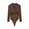Para Comercio Exterior Europeo y Americano Transfronterizo Ropa de Mujer Aliexpress Más Vendido Verano Sexy Marrón Oscuro Manga Larga Cuello en V Plisado Mono