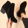 Botines de tobillo con tacón grueso de punta redonda de terciopelo nuevos transfronterizos para mujer, cremallera lateral transfronteriza, casual, delgados, tacón medio Amazon