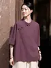 26 Verão Novo Original Estilo Chinês Retrô Gola Alta Botão de Linha Manga Curta Feminina Solta Linho Lavado com Areia Camiseta