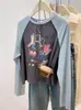 Camiseta Feminina Manga Raglan Manga Longa Petite, Estilo Coreano Primavera e Outono, Estampa Desenho Animado Tendência Casual Redutora de Idade Proteção Solar