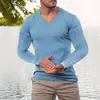 Camiseta Masculina de Outono Esportiva Fitness Casual com Gola Alta Listras Verticais Elásticas Decote V Manga Longa Exportação Transfronteiriça Europeia e Americana