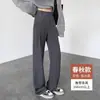 Calça de terno feminina cinza com bolsos inclinados, estilos para primavera, outono e inverno, com design de pregas grandes, calça casual para o local de trabalho e deslocamento