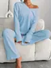 Conjunto de Calças Listradas e de Cor Sólida Outono/Inverno Europeu e Americano Transfronteiriço 2025. Conjunto de Verão de Duas Peças: Blusa de Manga Longa com Decote em V e Calça Reta