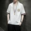 Camiseta de Lino de Manga Corta para Hombre Verano Estilo Chino Bordada Cuello en V Camiseta Retro Traje Tang Hanfu Top Chino para Hombre Delgada