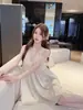 Bata de Estilo Francés, Bata de Verano para Mujer Estilo Palacio de Seda Helada con Tirantes, Estilo Puro Lust, Falda Corta Sexy Holgada con Copas