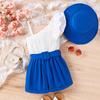 Ropa de Primavera y Verano para Niñas Europea y Americana de Amazon Traje Infantil Tirantes de Hombro Asimétrico Mangas de Encaje Pantalones Cortos con Cinturón y Sombrero