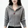 Sudadera Cardigan Tejida con Cable Estilo Coreano para Mujer Otoño Nueva Llegada Cremallera Doble Estilo Corto Suéter Adelgazante Versátil Chaqueta Sudadera