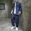 Traje de algodón y lino para hombre estilo chino bordado botón de rana camisa de manga larga retro camisa casual talla grande holgado otoño traje Tang