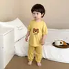 Conjunto de Verano para Niños y Niñas Antibacterial Transpirable de Seda de Hielo Manga Corta Delgado Traje de Aire Acondicionado Pantalón de Nueve Puntos Ropa Infantil Dos Piezas